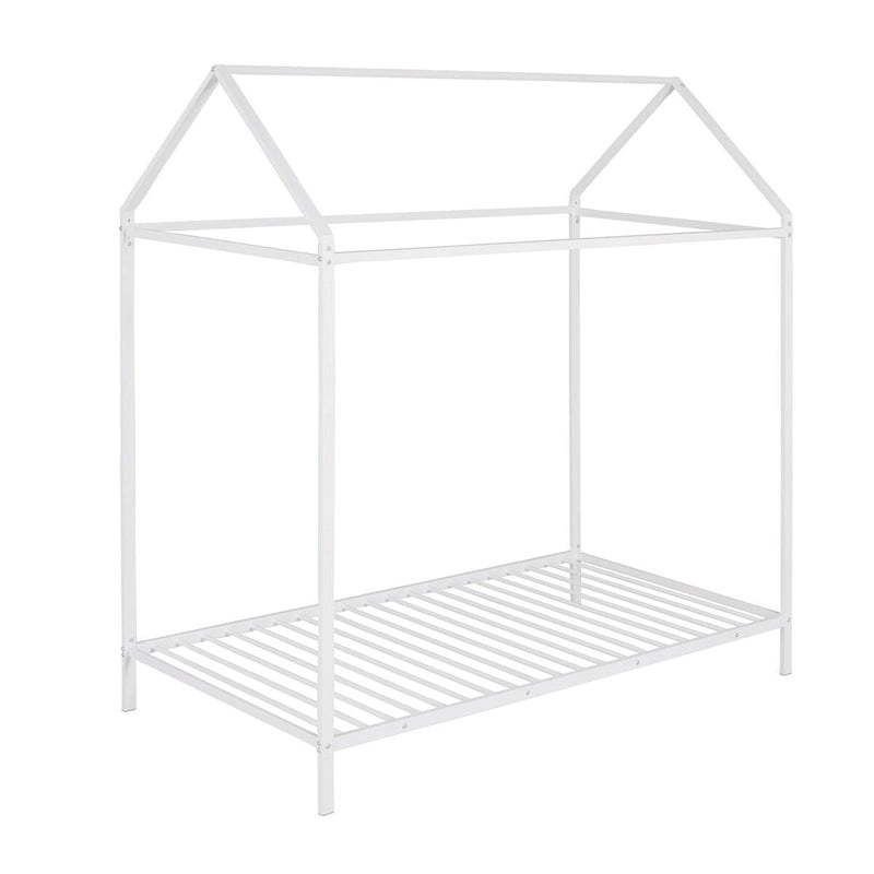 Metal House Bed Frame Twin Size Kids Platform Floor Bed for Boys and Girls White Black