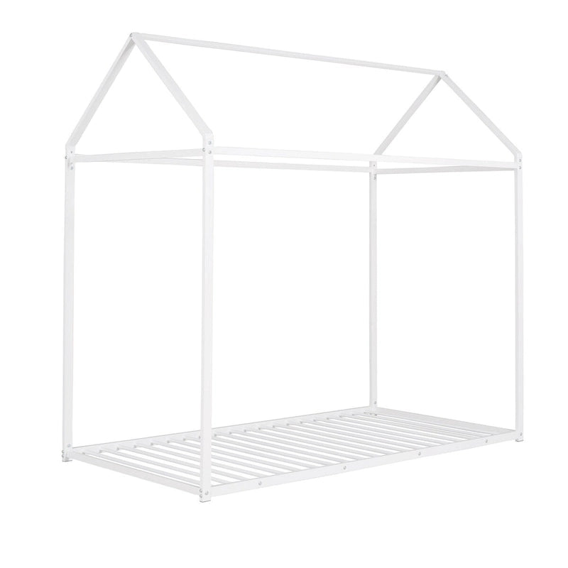 Metal House Bed Frame Twin Size Kids Platform Floor Bed for Boys and Girls White Black