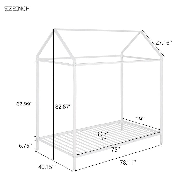 Metal House Bed Frame Twin Size Kids Platform Floor Bed for Boys and Girls White Black