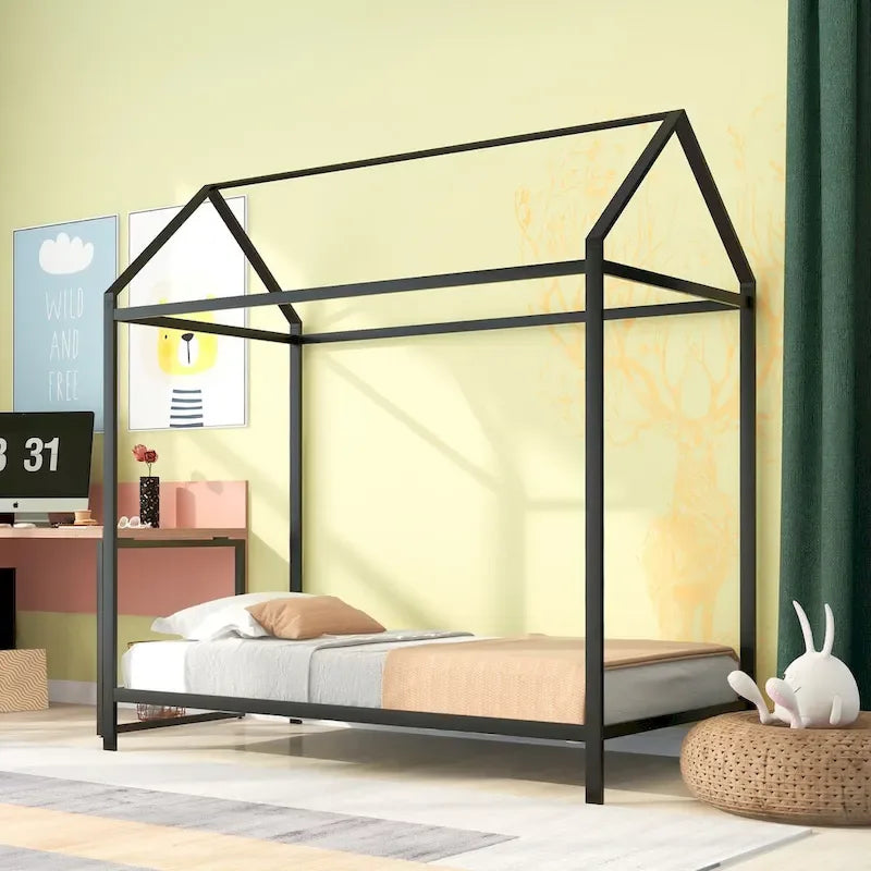 Metal House Bed Frame Twin Size Kids Platform Floor Bed for Boys and Girls White Black
