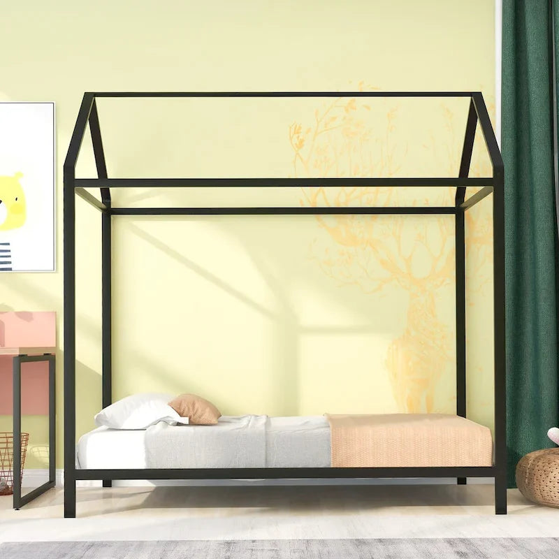 Metal House Bed Frame Twin Size Kids Platform Floor Bed for Boys and Girls White Black