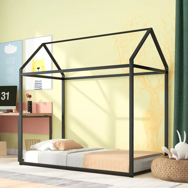 Metal House Bed Frame Twin Size Kids Platform Floor Bed for Boys and Girls White Black