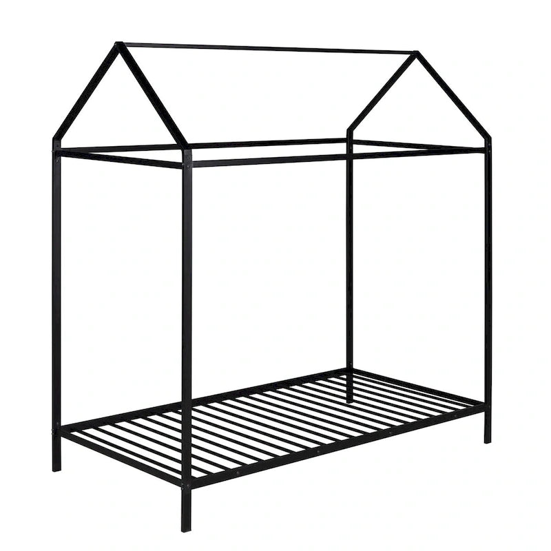 Metal House Bed Frame Twin Size Kids Platform Floor Bed for Boys and Girls White Black