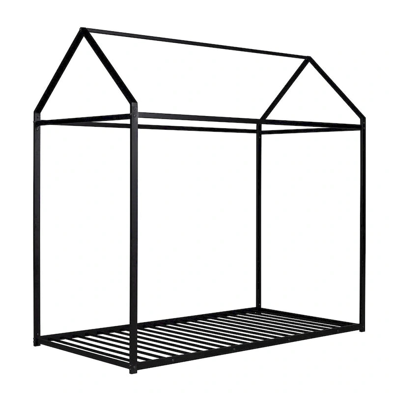 Metal House Bed Frame Twin Size Kids Platform Floor Bed for Boys and Girls White Black