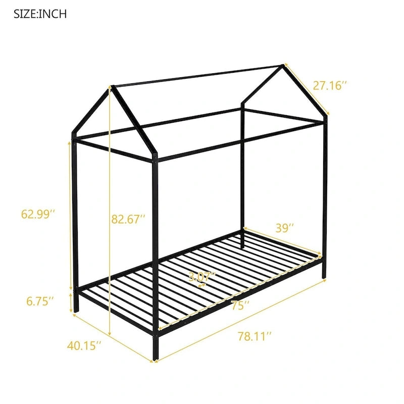 Metal House Bed Frame Twin Size Kids Platform Floor Bed for Boys and Girls White Black