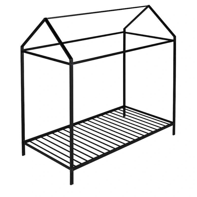 Metal House Bed Frame Twin Size Kids Platform Floor Bed for Boys and Girls White Black