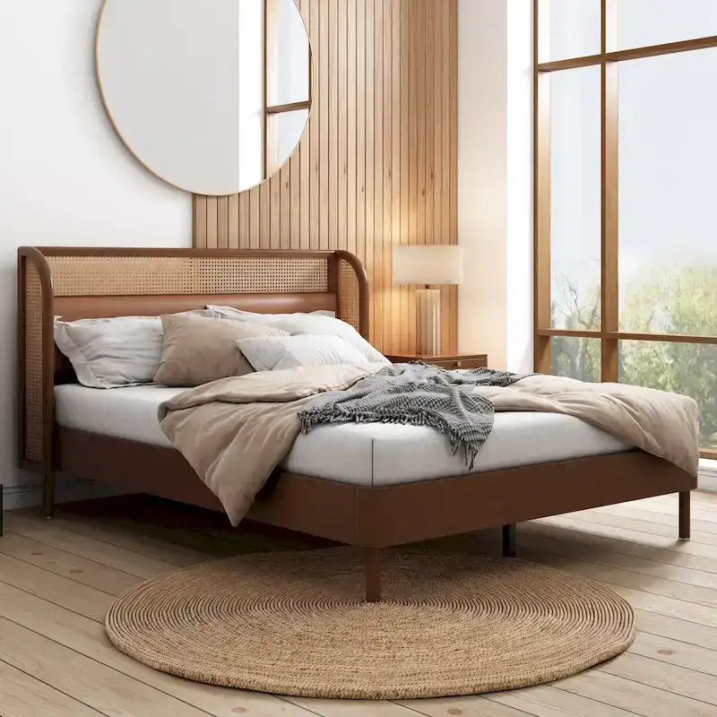 Modern Cannage Rattan Wood Platform Queen Bed