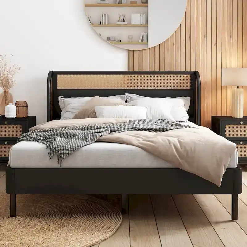 Modern Cannage Rattan Wood Platform Queen Bed