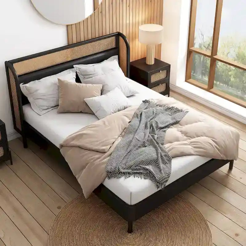 Modern Cannage Rattan Wood Platform Queen Bed