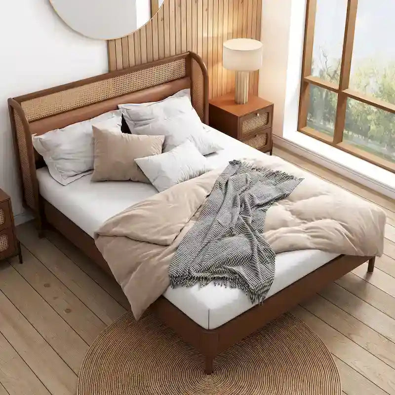Modern Cannage Rattan Wood Platform Queen Bed