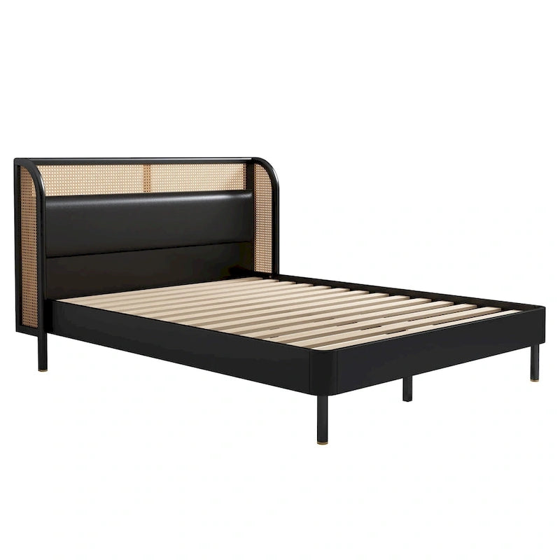 Modern Cannage Rattan Wood Platform Queen Bed