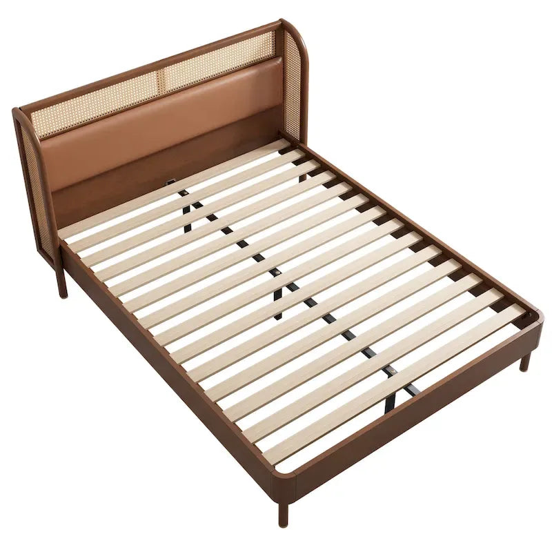 Modern Cannage Rattan Wood Platform Queen Bed