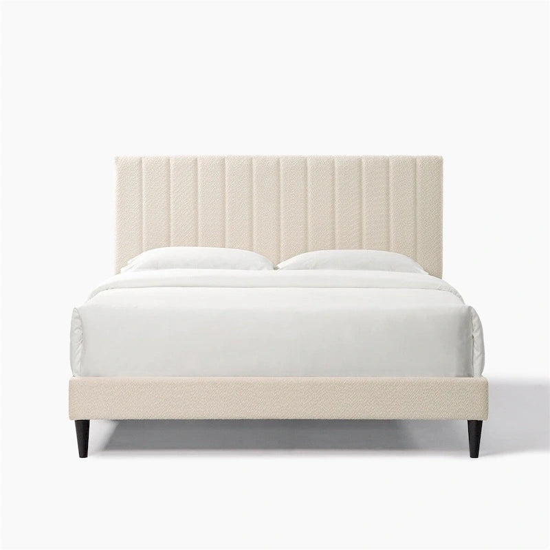 Tufted Upholstered Platform Bed with Boucle Fabric Headboard Grey Cream White