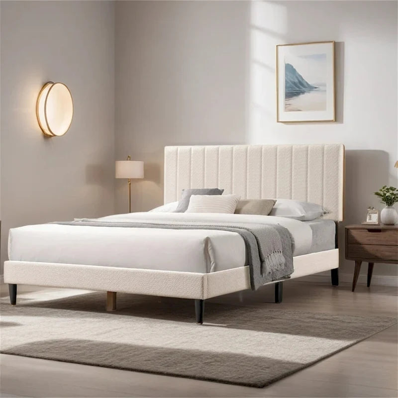 Tufted Upholstered Platform Bed with Boucle Fabric Headboard Grey Cream White