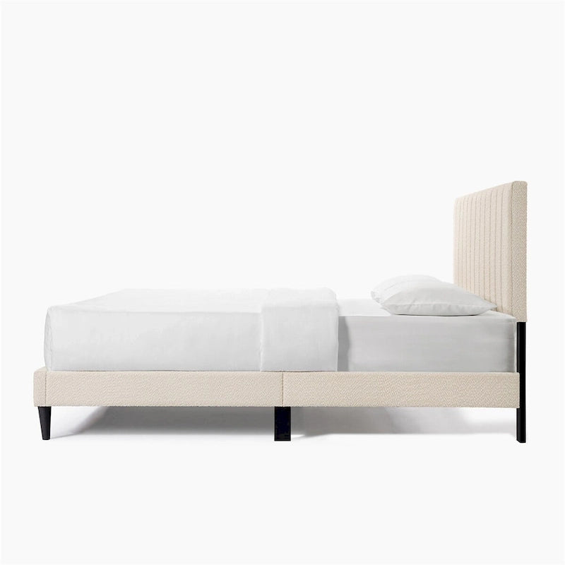 Tufted Upholstered Platform Bed with Boucle Fabric Headboard Grey Cream White