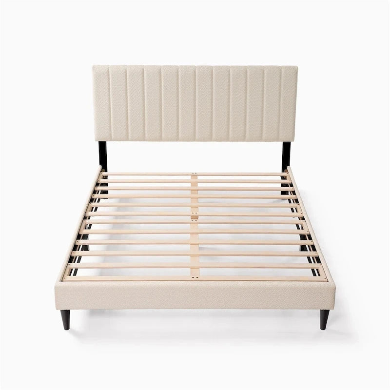 Tufted Upholstered Platform Bed with Boucle Fabric Headboard Grey Cream White