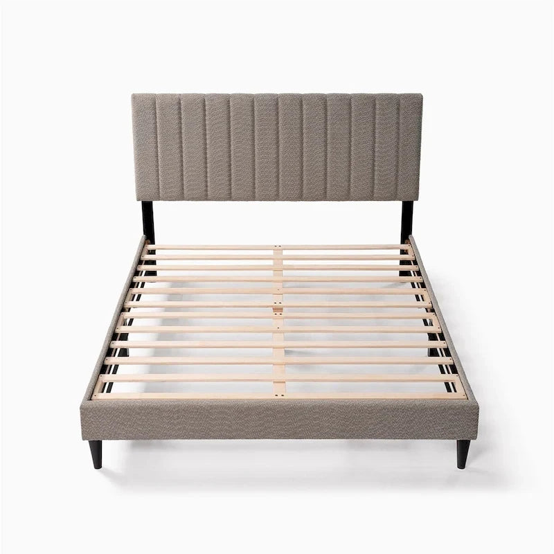 Tufted Upholstered Platform Bed with Boucle Fabric Headboard Grey Cream White
