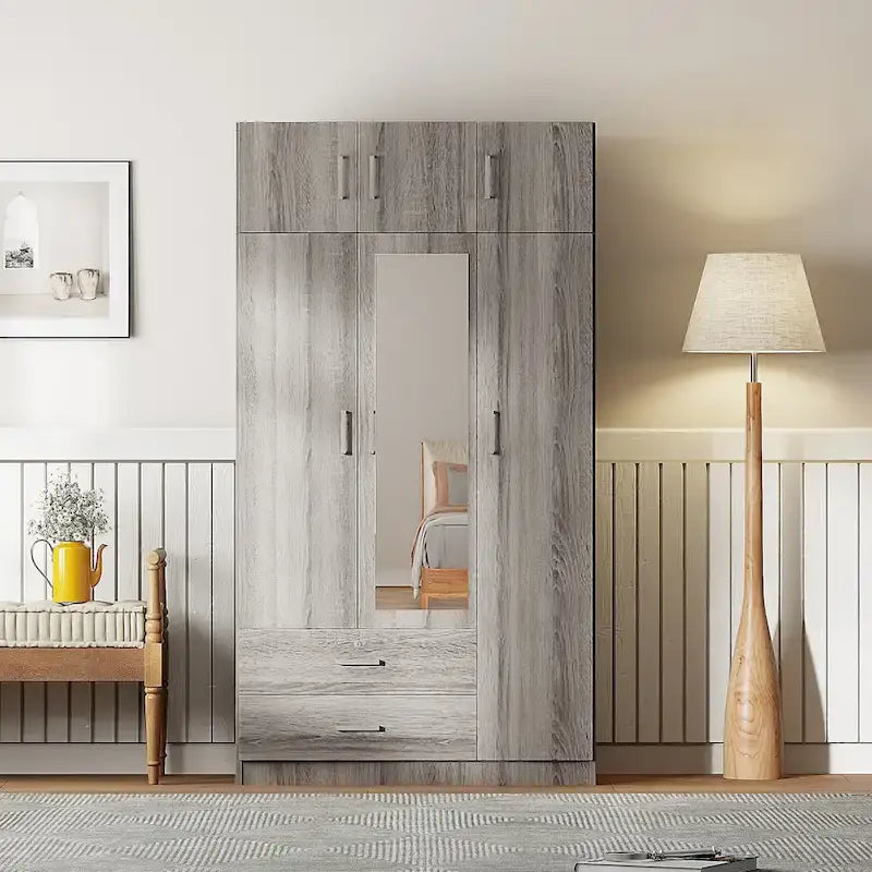3-Door Bedroom Wardrobe with Mirror, 2 Drawers and Top Cabinet