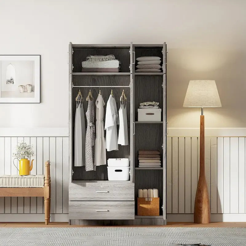 3-Door Bedroom Wardrobe with Mirror, 2 Drawers and Top Cabinet