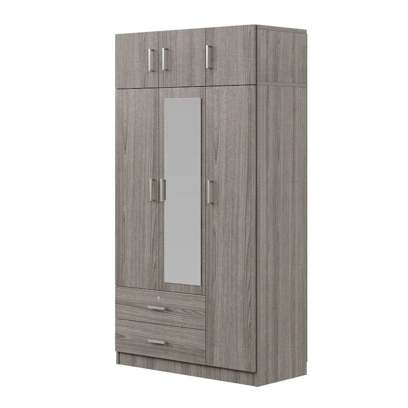 3-Door Bedroom Wardrobe with Mirror, 2 Drawers and Top Cabinet