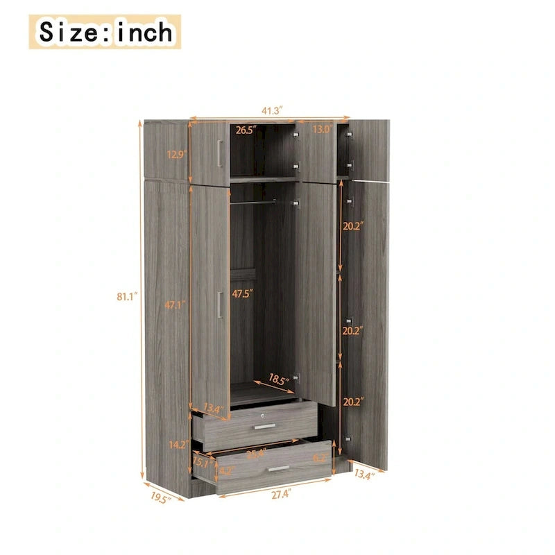 3-Door Bedroom Wardrobe with Mirror, 2 Drawers and Top Cabinet