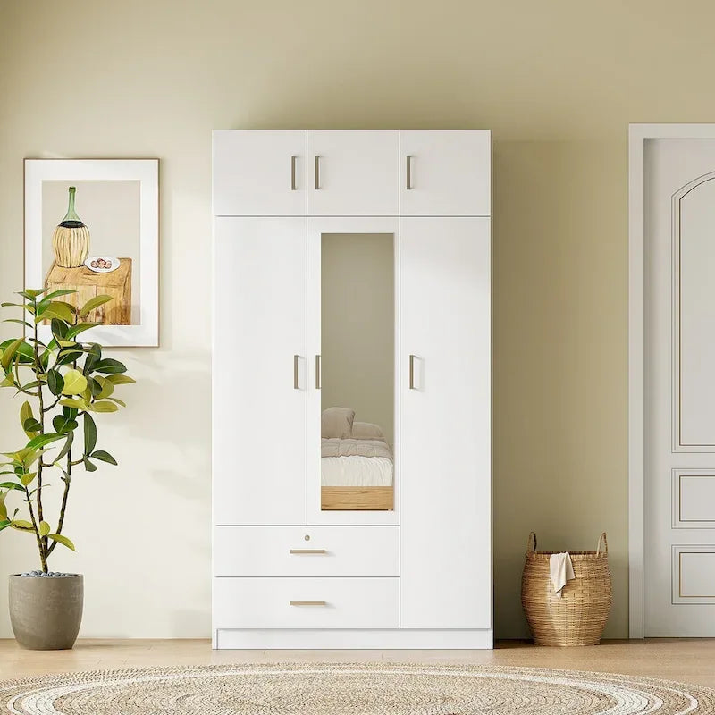 3-Door Bedroom Wardrobe with Mirror, 2 Drawers and Top Cabinet