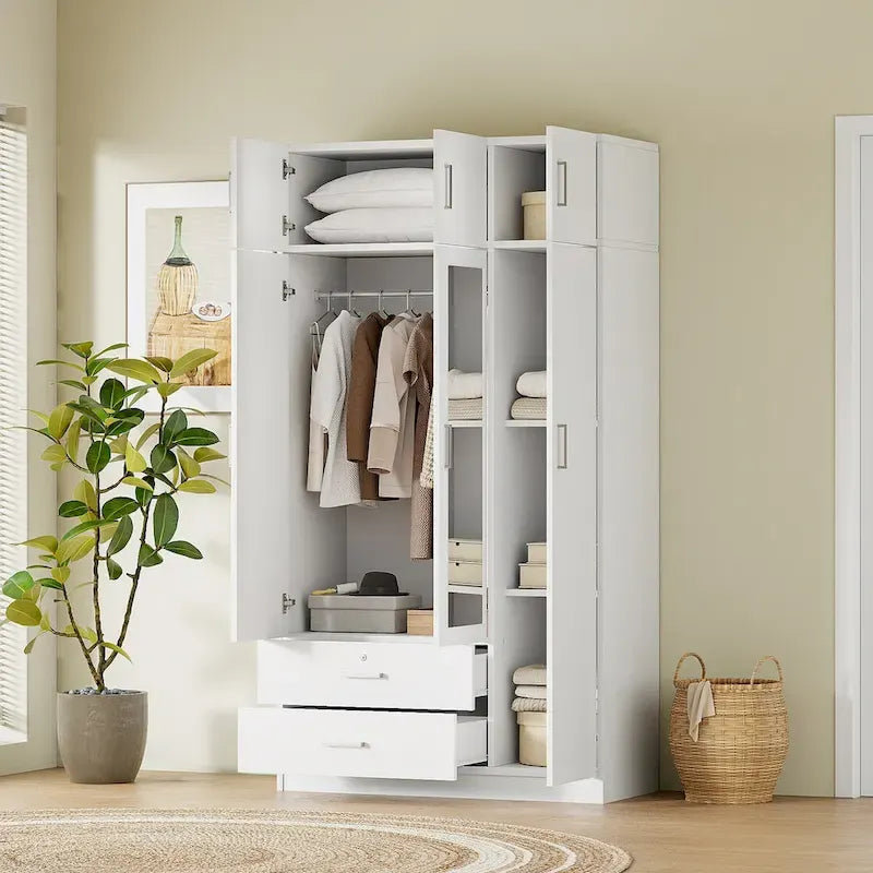 3-Door Bedroom Wardrobe with Mirror, 2 Drawers and Top Cabinet