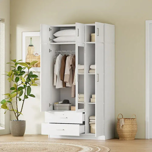 3-Door Bedroom Wardrobe with Mirror, 2 Drawers and Top Cabinet