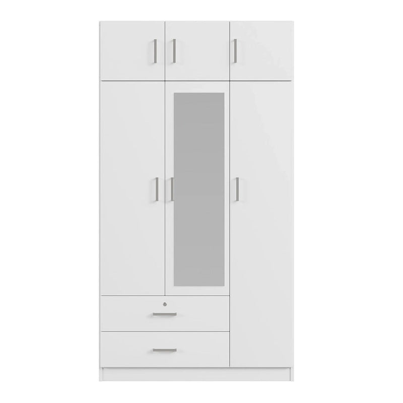 3-Door Bedroom Wardrobe with Mirror, 2 Drawers and Top Cabinet