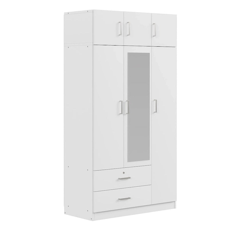 3-Door Bedroom Wardrobe with Mirror, 2 Drawers and Top Cabinet