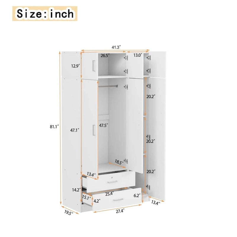 3-Door Bedroom Wardrobe with Mirror, 2 Drawers and Top Cabinet