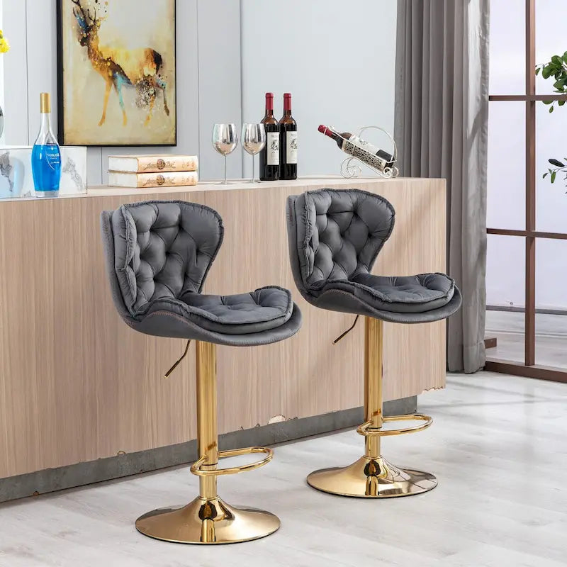 Set of 2 Upholstered Aremless Adjustable Height Bar Stools with Footrest