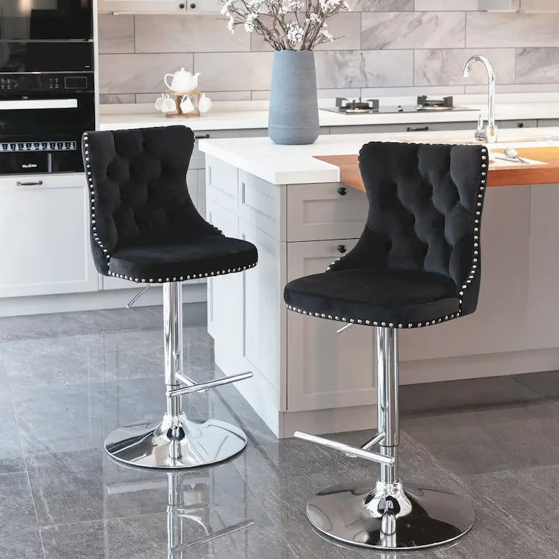 Taburetes de bar de terciopelo giratorios con altura de asiento ajustable de 25 a 33 pulgadas, taburetes tapizados con base cromada y respaldo, juego de 2