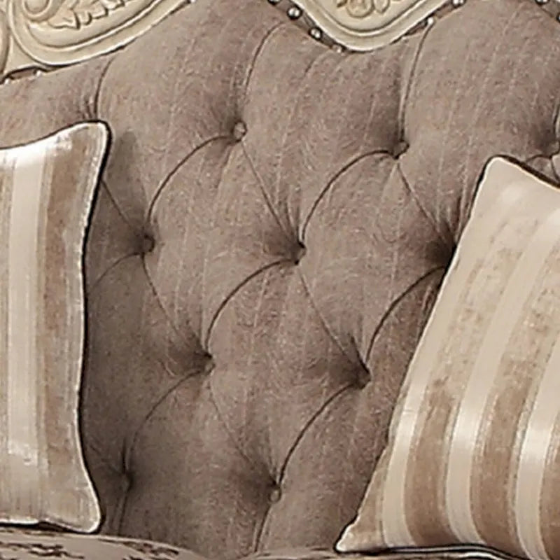 Scrolled Crown Top Fabric Loveseat with Cabriole Legs, Gray and White