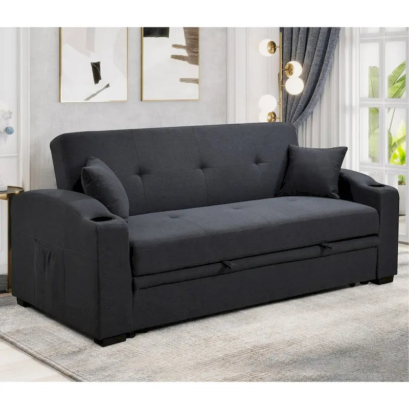 Convertible Sofa with Reclining Backrest, Cup Holders and Pillows