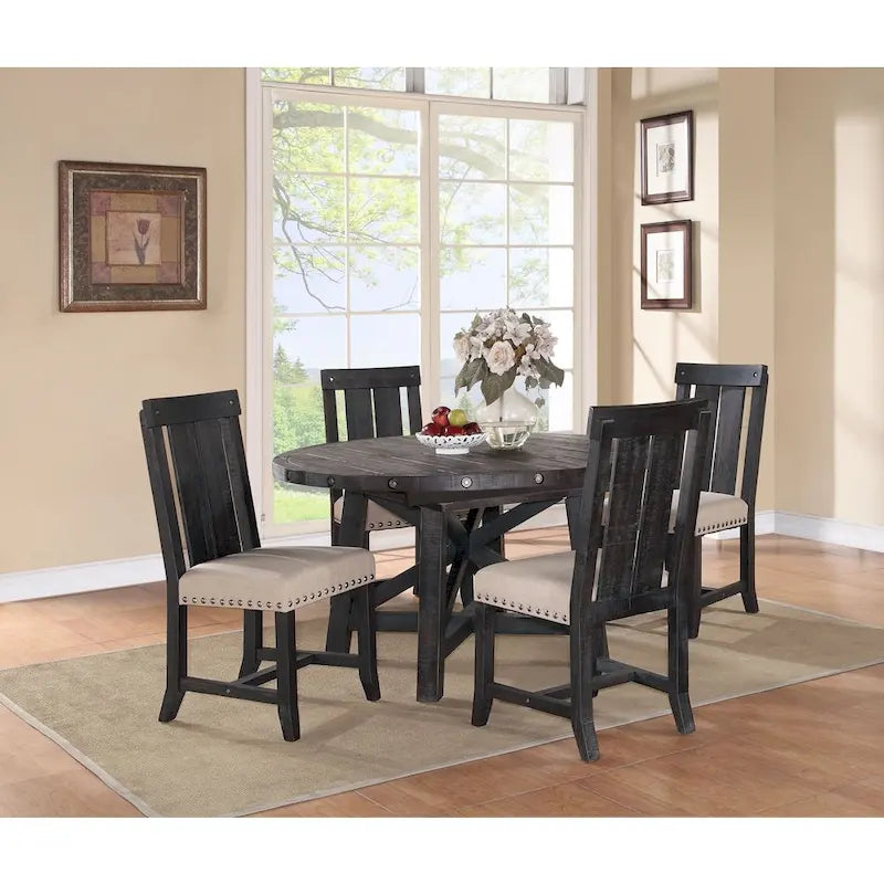 Rustic Black Pine Round Extendable Solid Wood Dining Table