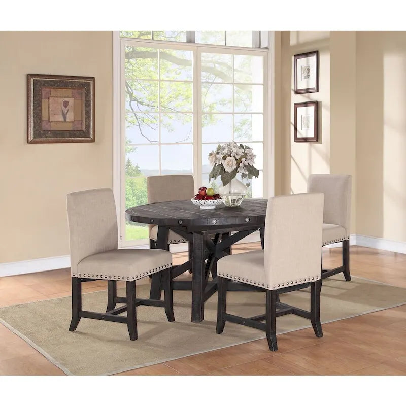 Rustic Black Pine Round Extendable Solid Wood Dining Table