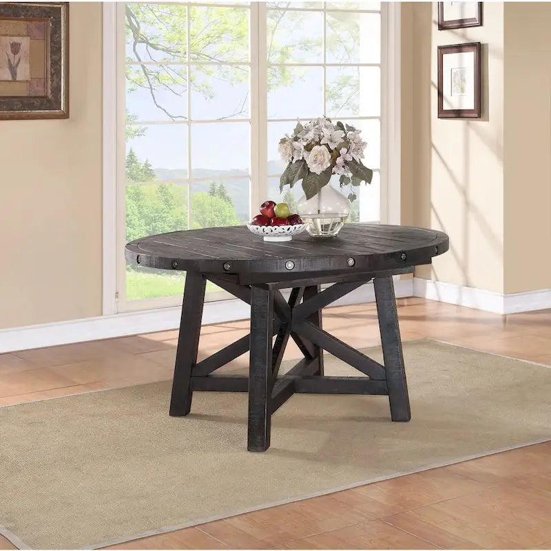 Rustic Black Pine Round Extendable Solid Wood Dining Table