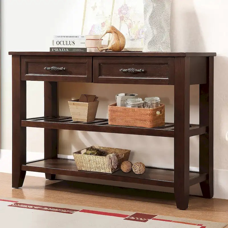 Console Sofa Table with 2 Storage Drawers and 2 Tiers Shelves, Mid-Century Style 42 Solid Wood Buffet Sideboard