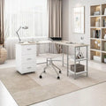 L-Shape Home Office Desk with Drawers and Open Shelves White Gold