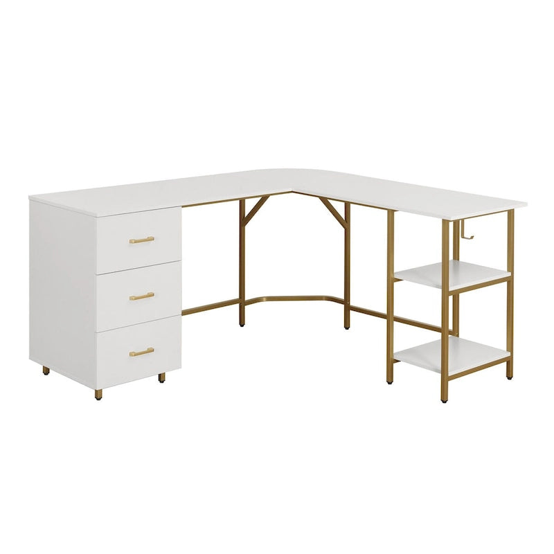 L-Shape Home Office Desk with Drawers and Open Shelves White Gold