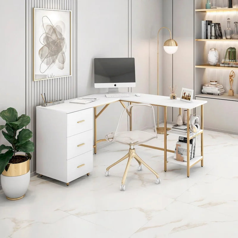 L-Shape Home Office Desk with Drawers and Open Shelves White Gold