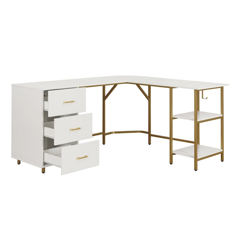 L-Shape Home Office Desk with Drawers and Open Shelves White Gold