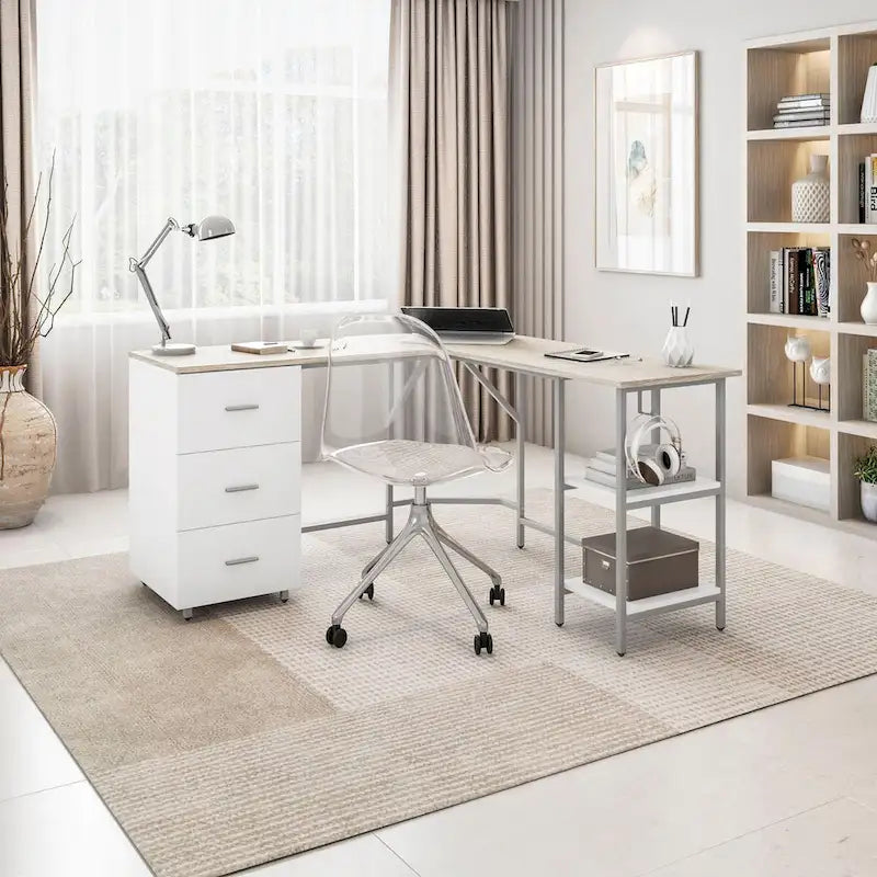 L-Shape Home Office Desk with Drawers and Open Shelves White Gold