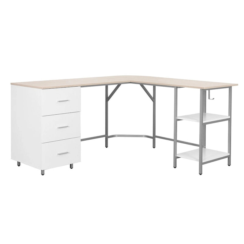 L-Shape Home Office Desk with Drawers and Open Shelves White Gold