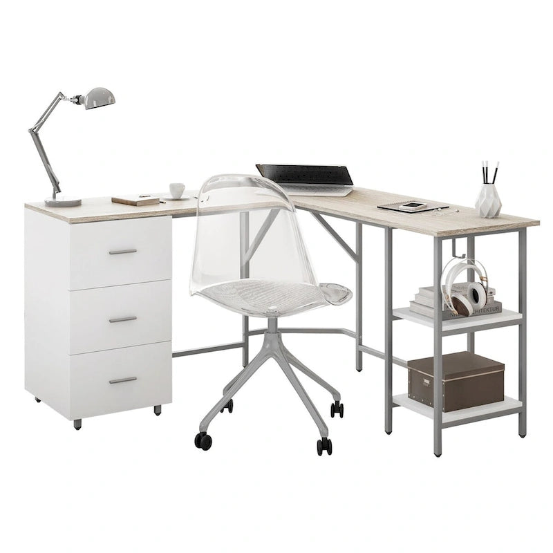 L-Shape Home Office Desk with Drawers and Open Shelves White Gold