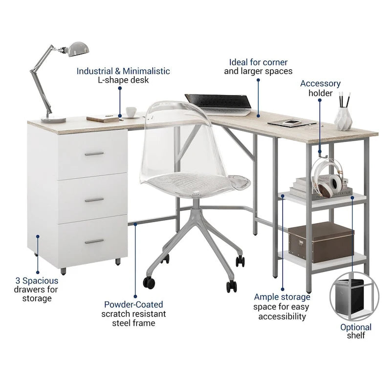 L-Shape Home Office Desk with Drawers and Open Shelves White Gold