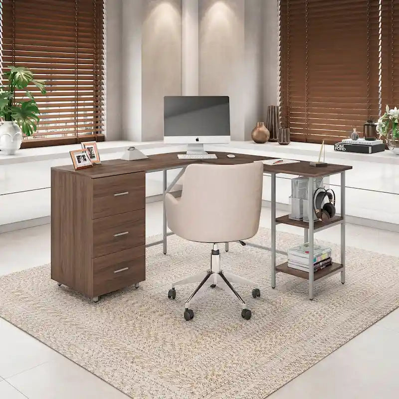 L-Shape Home Office Desk with Drawers and Open Shelves White Gold