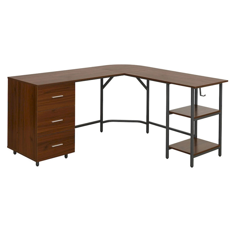 L-Shape Home Office Desk with Drawers and Open Shelves White Gold