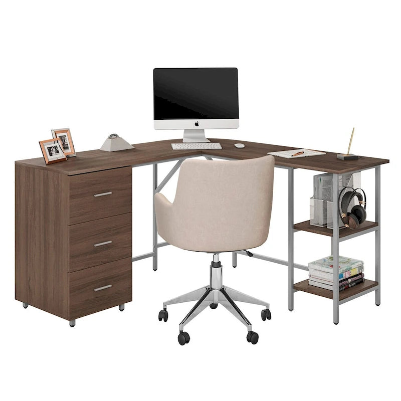 L-Shape Home Office Desk with Drawers and Open Shelves White Gold
